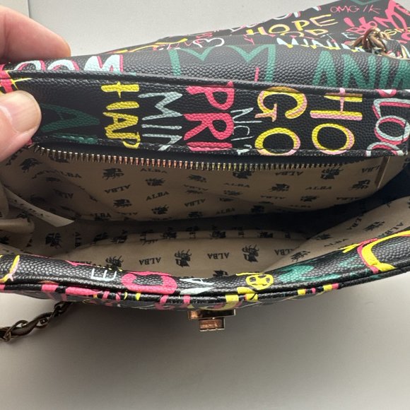 Alba Cross Body Black Graffiti 3 Compartment Handbag - Picture 5 of 5